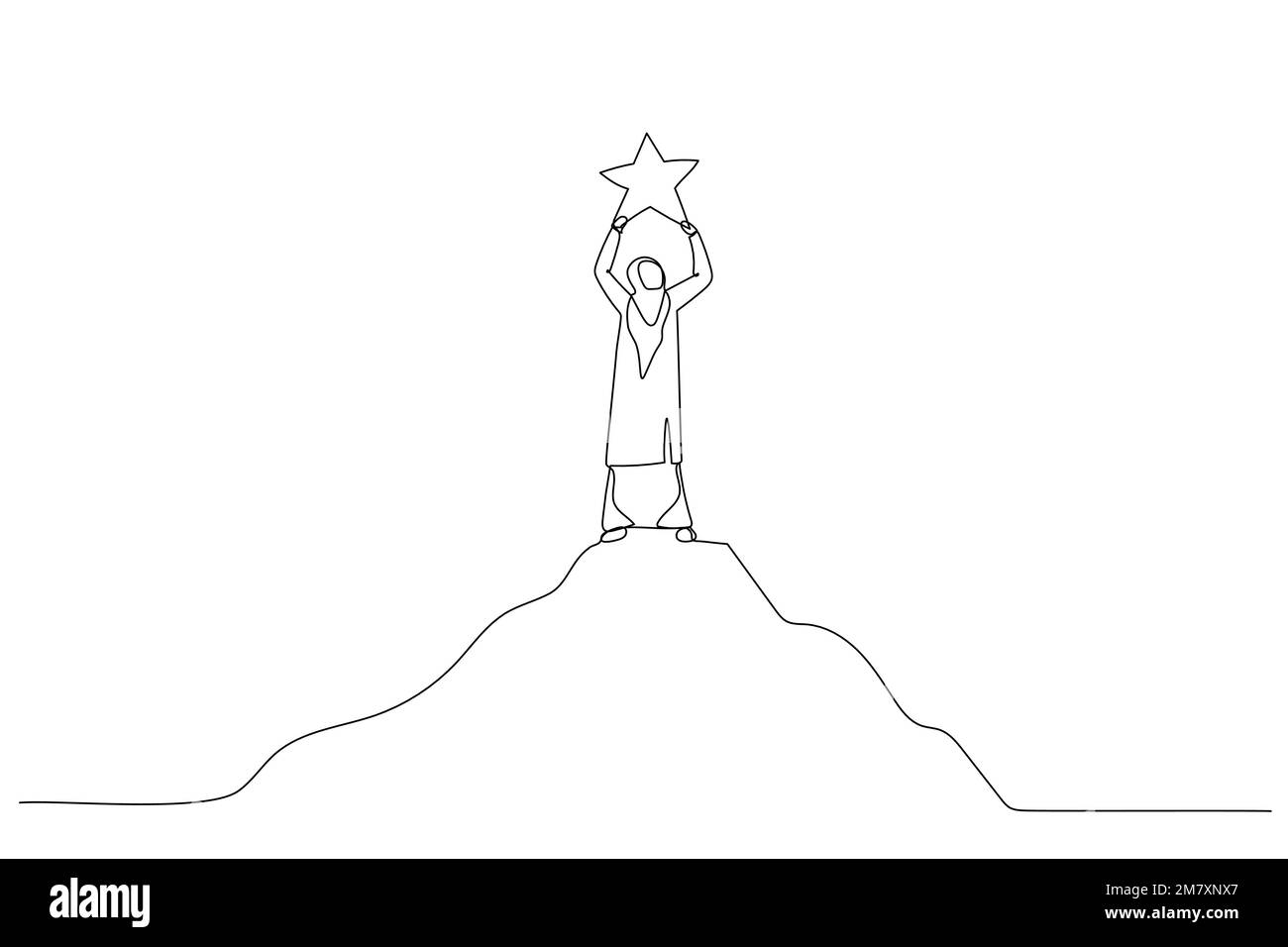 Illustration de la femme musulmane debout au sommet de la colline et touchant l'étoile lumineuse du ciel. Style de dessin au trait continu unique Illustration de Vecteur