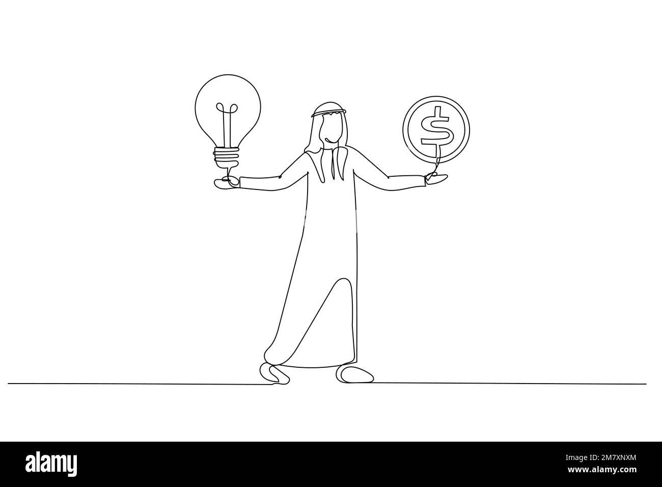Illustration de l'homme d'affaires arabe musulman avec une idée d'ampoule dans sa main essayer de gagner de l'argent. Style de dessin au trait continu unique Illustration de Vecteur