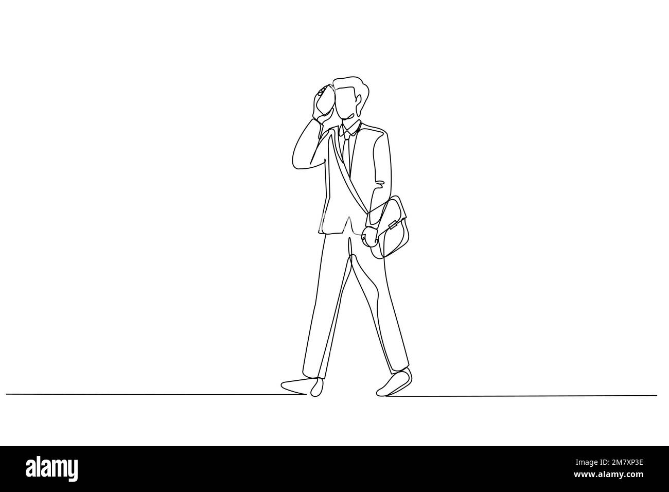 Dessin d'un homme d'affaires marchant dans la ville parlant au téléphone portable. Style de dessin au trait continu unique Illustration de Vecteur