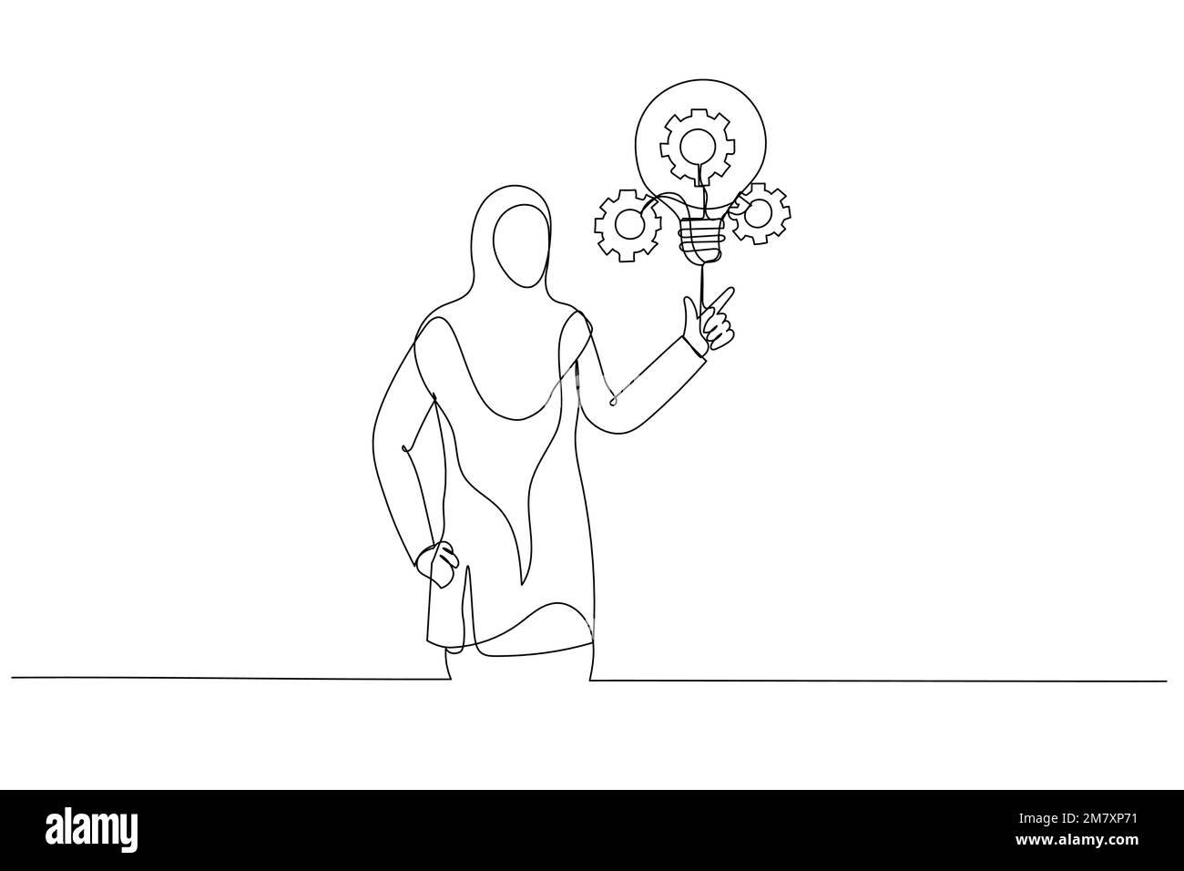 Illustration d'une femme d'affaires arabe musulmane présentant une ampoule innovante avec des fûts et des engrenages concept de l'innovation. Style de dessin au trait continu unique Illustration de Vecteur