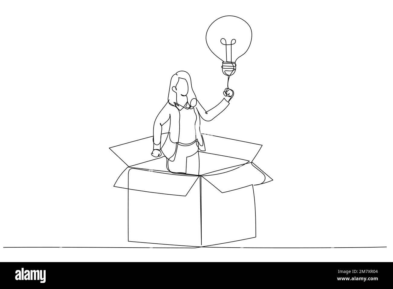 Dessin d'une femme d'affaires sortez de la boîte en papier avec une nouvelle idée d'ampoule d'éclairage. Pensez hors de la boîte. Style art sur une seule ligne Illustration de Vecteur