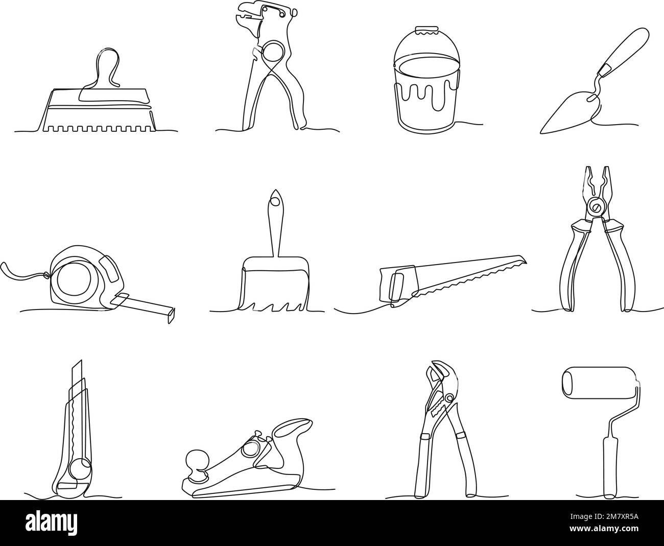 Outils de réparation à domicile d'une seule ligne. Boîte à outils pour travaux de construction et de redécoration, ensemble de vecteur d'outil de peinture d'intérieur Illustration de Vecteur