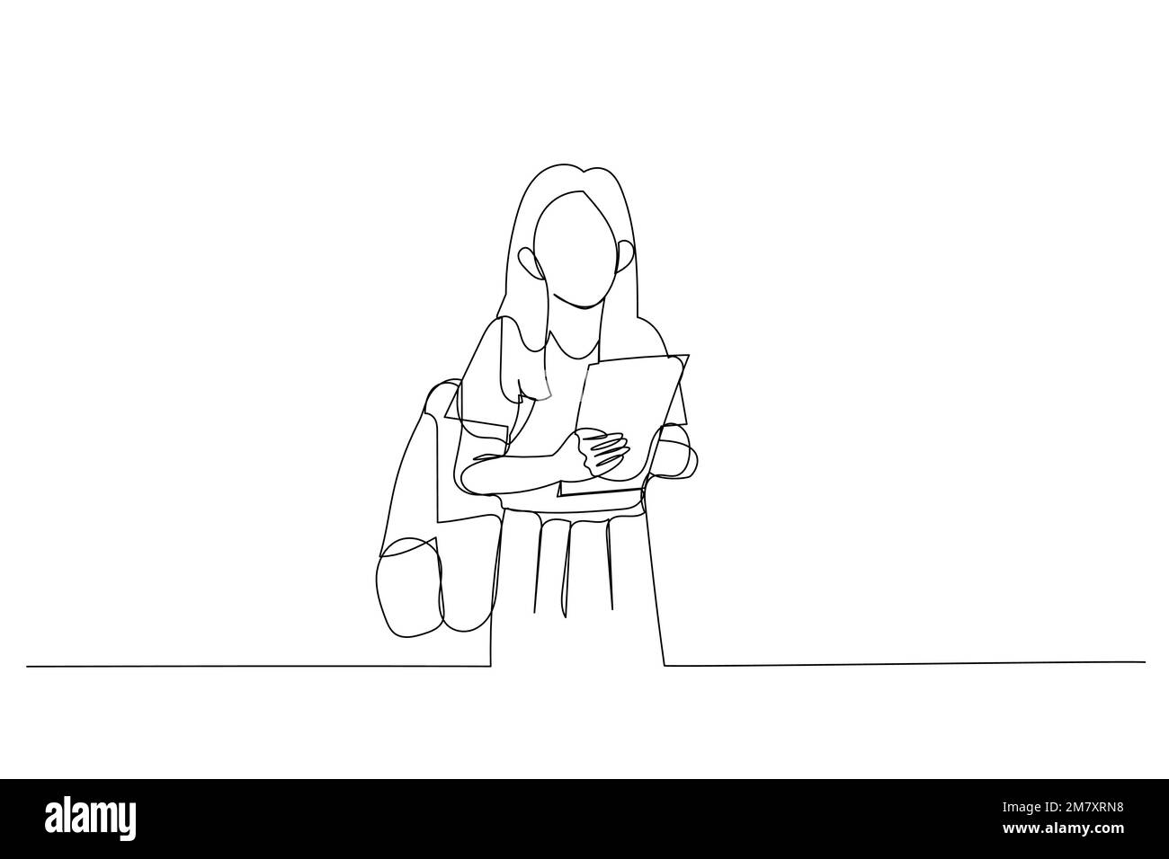 Dessin de l'élève écolière tenant des livres et des copybooks allant à l'école portant le sac. Illustration de ligne continue unique Illustration de Vecteur