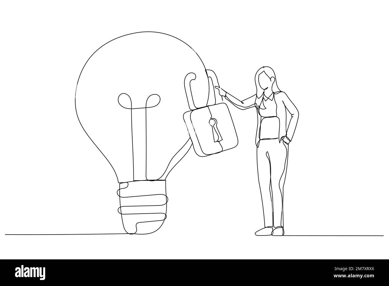 Dessin d'une femme d'affaires debout avec une idée d'ampoule verrouillée avec un cadenas pour les brevets. Propriété intellectuelle. Style de dessin au trait continu unique Illustration de Vecteur