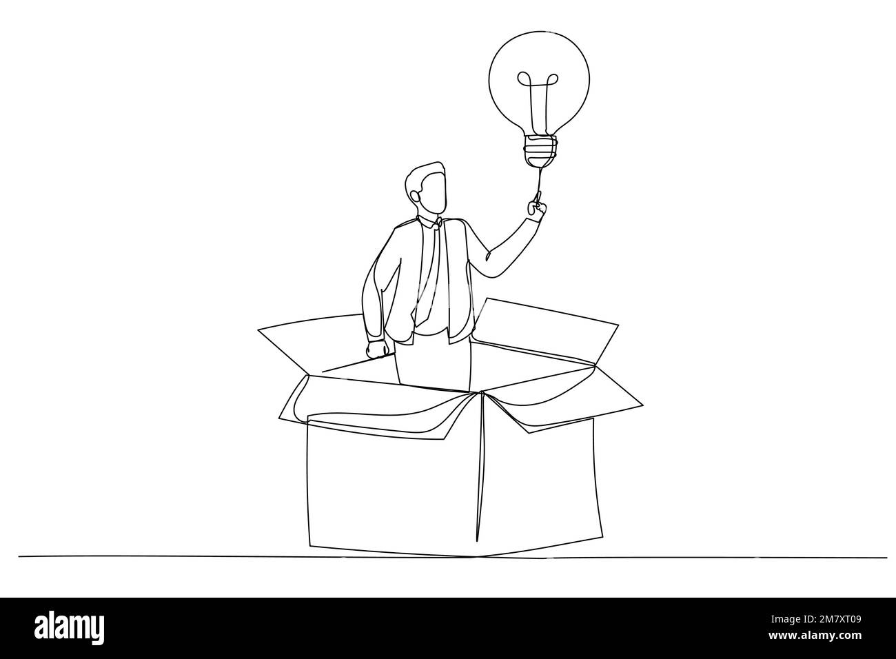 Illustration de l'homme d'affaires sortir de la boîte en papier avec une nouvelle idée d'ampoule d'éclairage. Pensez hors de la boîte. Style de dessin au trait continu unique Illustration de Vecteur