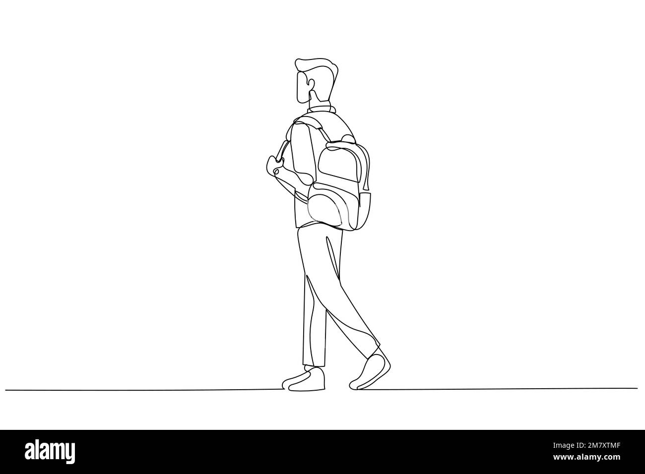 Illustration de la vue arrière de l'étudiant de l'université de marche avec le sac sur son épaule. Style art sur une seule ligne Illustration de Vecteur