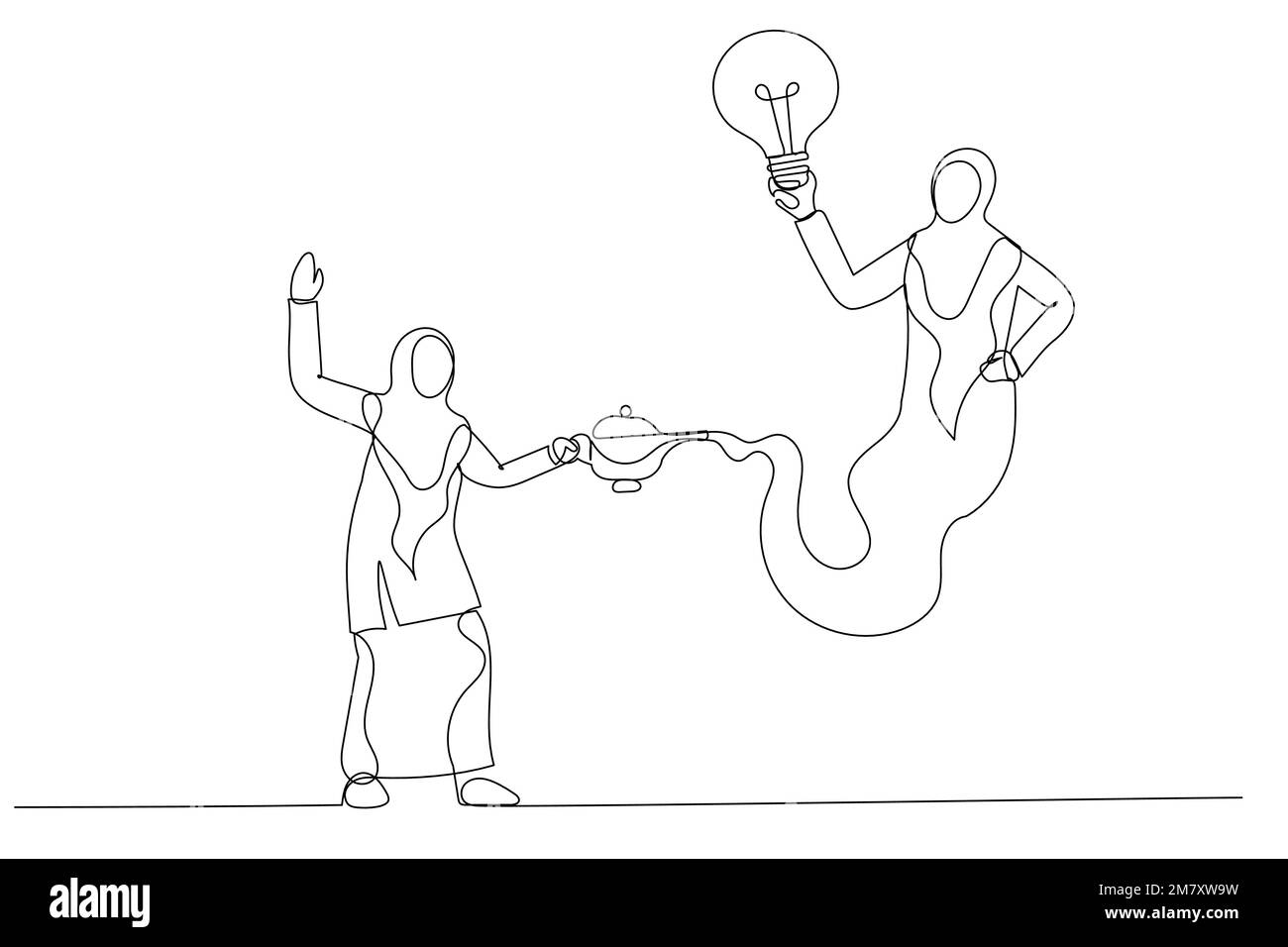 Dessin animé de femme d'affaires musulmane génie tenant l'idée bulbe sortir de la lampe magique. Concept d'assistance. Style de dessin au trait continu unique Illustration de Vecteur
