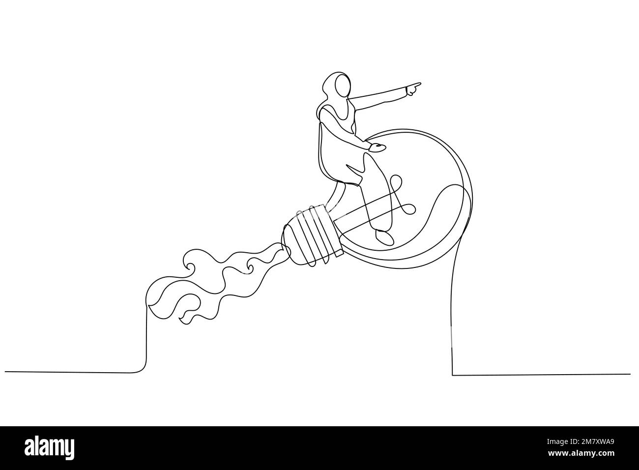 Dessin animé d'une femme d'affaires musulmane volant une lampe à ampoule lumineuse avec un booster de fusée dans le ciel nuageux. Une nouvelle idée créative. Art St. Ligne unique Illustration de Vecteur