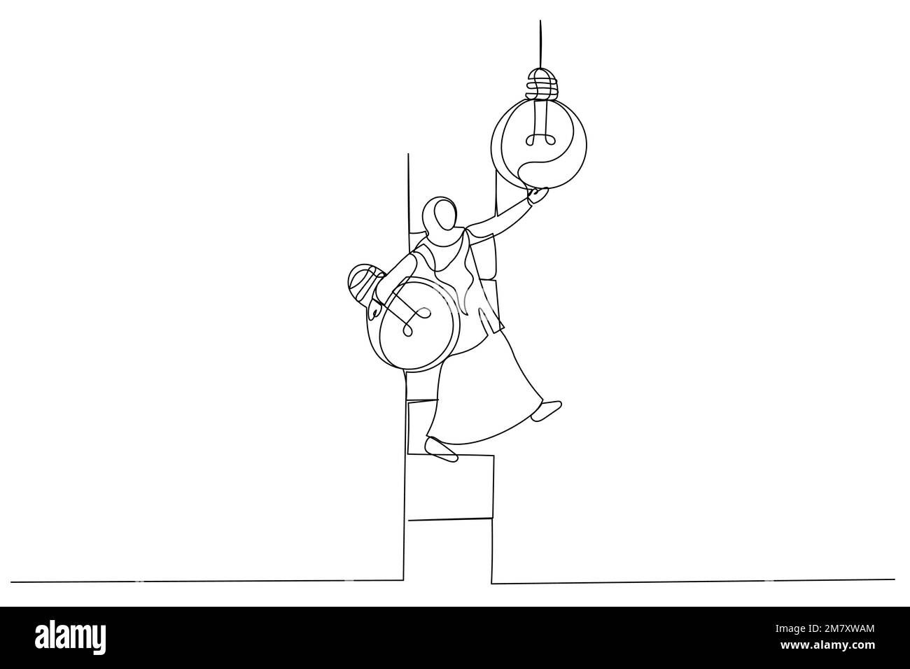 Dessin d'une femme d'affaires musulmane monter sur l'échelle pour changer l'idée d'ampoule. Changement vers de nouvelles innovations. Style art sur une seule ligne Illustration de Vecteur