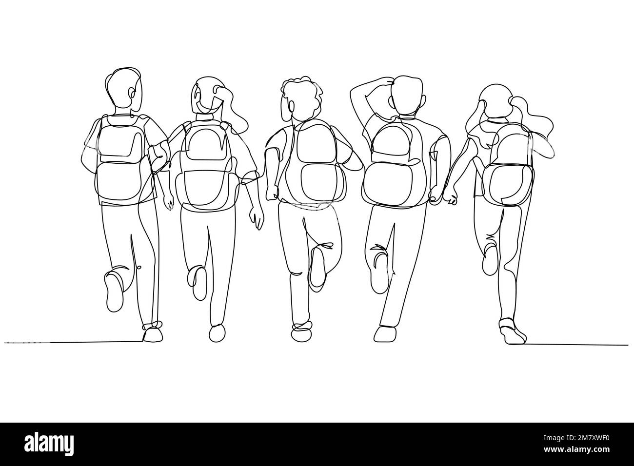 Dessin animé des enfants de l'école avec sac à dos course à l'école. Vue arrière. Style art sur une seule ligne Illustration de Vecteur