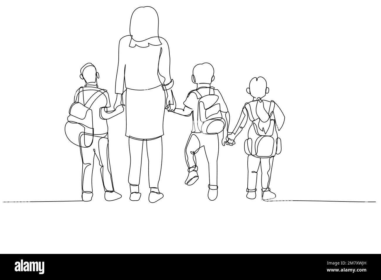 Dessin de la mère et des enfants tenant les mains allant à l'école avec un sac d'école. Style de dessin au trait continu unique Illustration de Vecteur