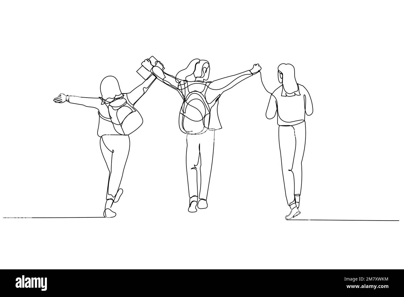 Illustration d'un groupe d'élèves avec des bras levés en l'air avec heureux. Style art sur une seule ligne Illustration de Vecteur
