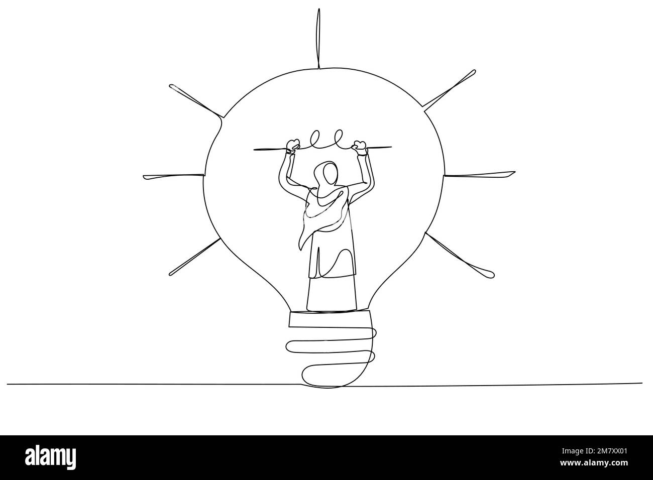 Caricature d’une femme d’affaires arabe musulmane qui se trouve à l’intérieur d’une ampoule pour fixer ou inventer une nouvelle métaphore de l’esprit d’entreprise. Style de dessin au trait continu Illustration de Vecteur