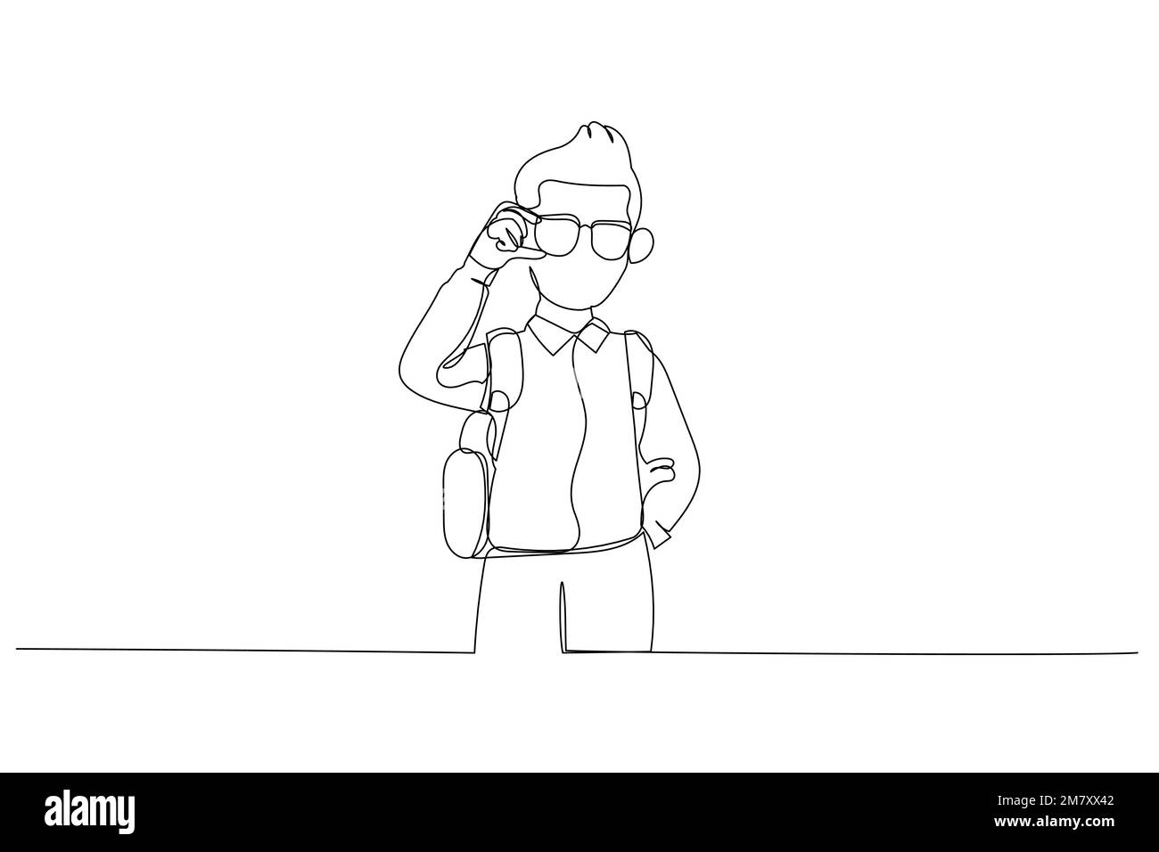 Dessin de garçon avec livre et sac aller à l'école. Dessin au trait continu Illustration de Vecteur