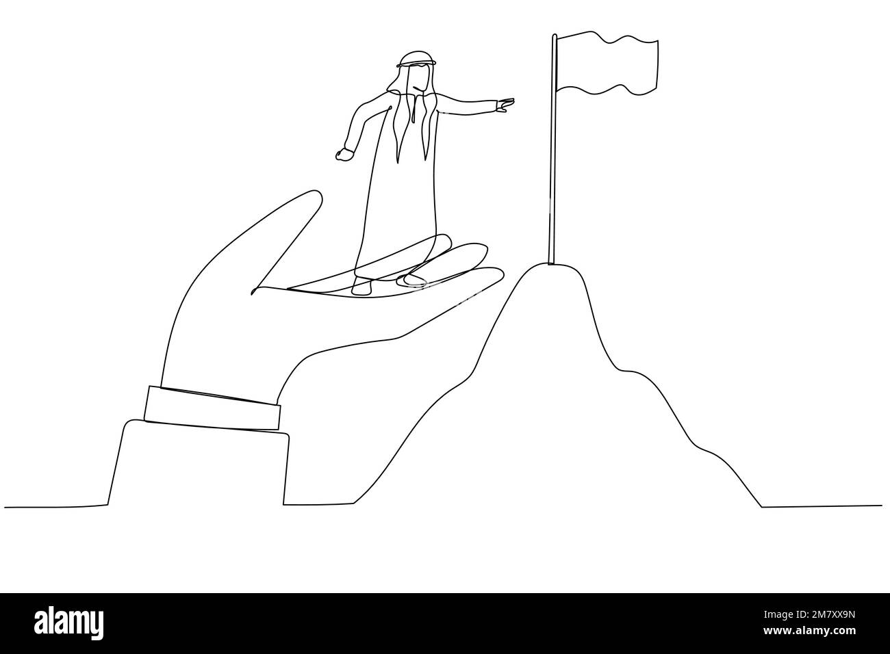 Dessin de l'homme arabe se tient sur la main d'aide géante pour atteindre le sommet de la cible de montagne drapeau. Design en ligne continue Illustration de Vecteur