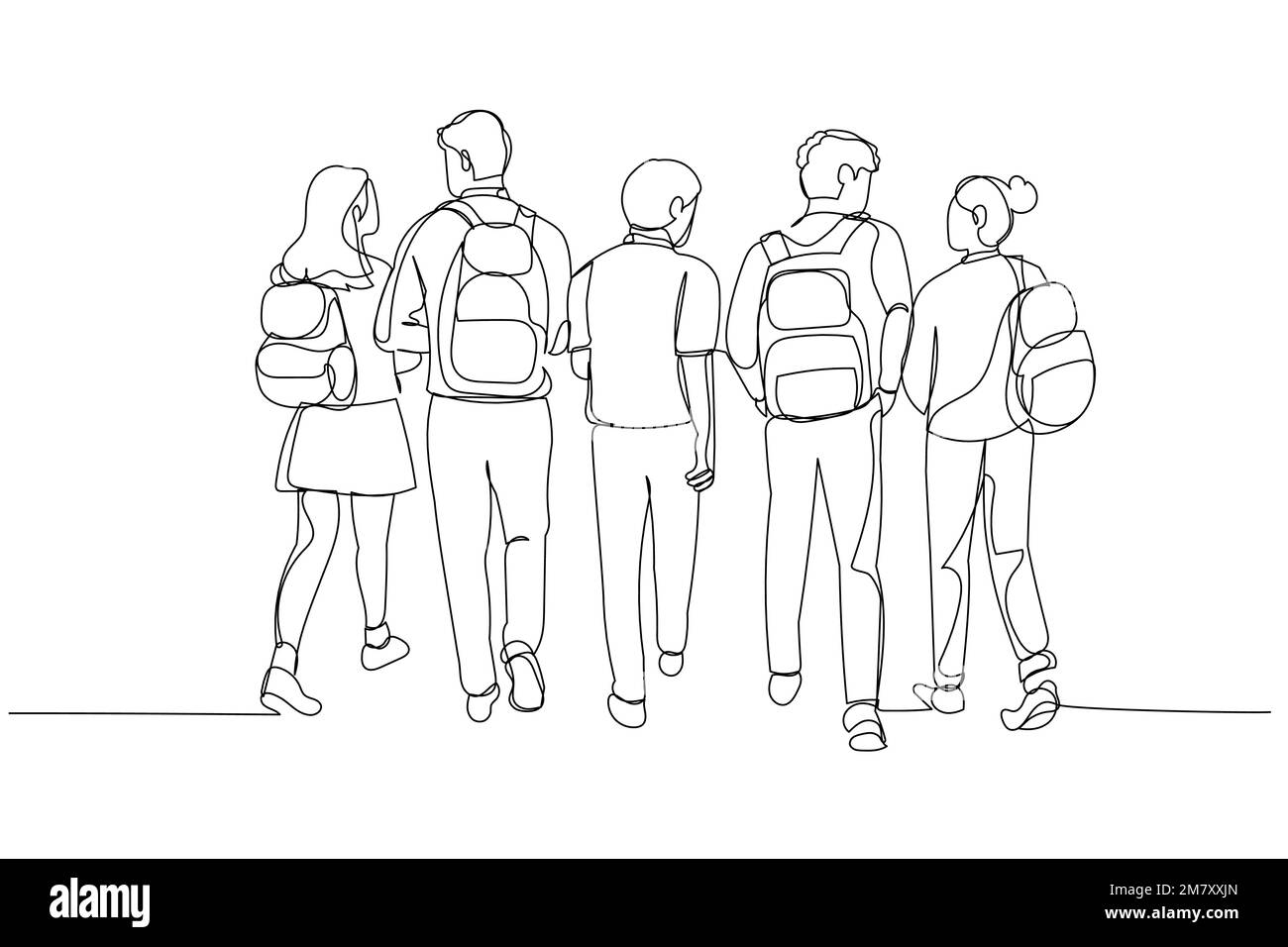Dessin d'un groupe d'élèves marchant à l'école heureux. Style de dessin au trait continu unique Illustration de Vecteur