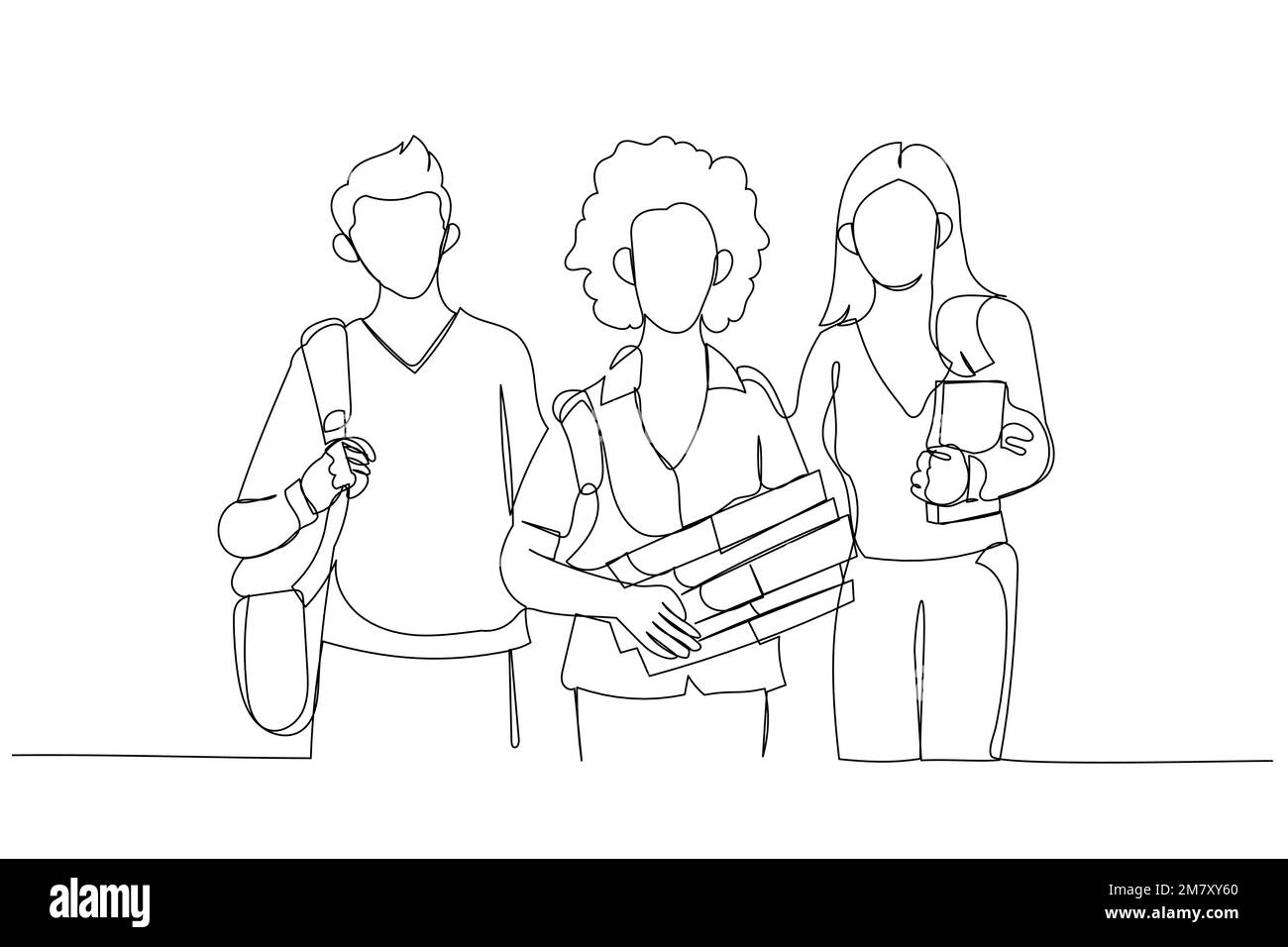 Dessin animé d'un groupe heureux d'étudiants tenant des carnets à l'extérieur. Un style d'art sur une ligne Illustration de Vecteur