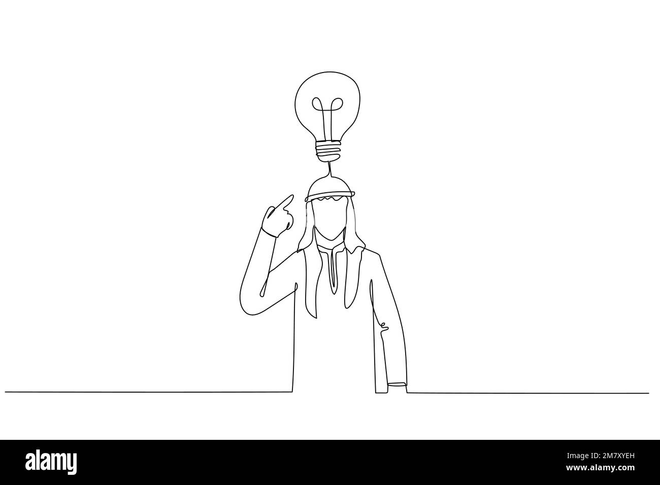 Caricature d'homme d'affaires arabe pointant de la tête avec un doigt trouvé et se souvenir de l'idée. Design unique en continu Illustration de Vecteur