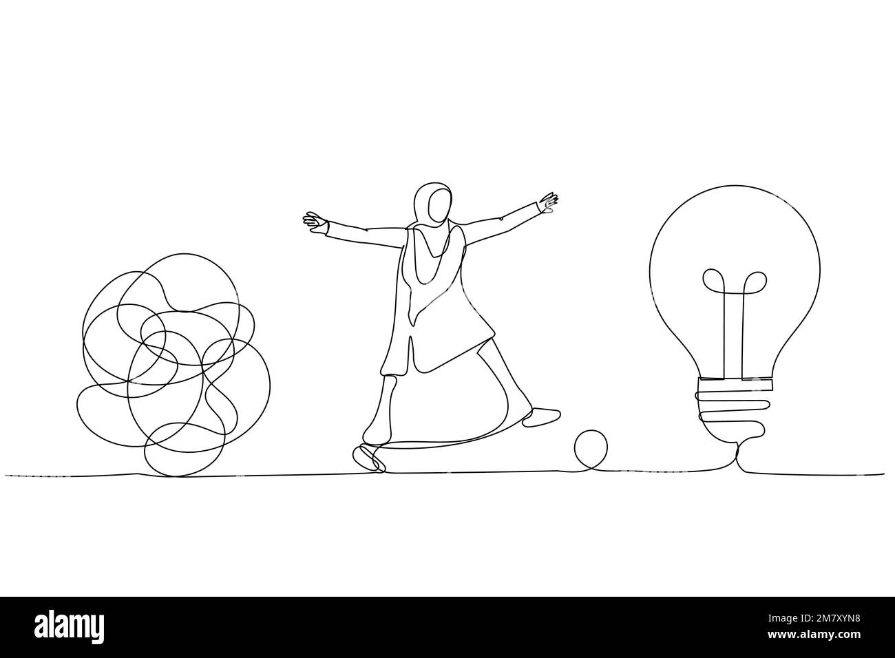 Dessin animé d'une femme d'affaires musulmane intelligente qui s'éloigne de la ligne de chaos du désordre pour se rendre à une idée simple d'ampoule. Simplifier l'idée. Style de dessin au trait continu unique Illustration de Vecteur