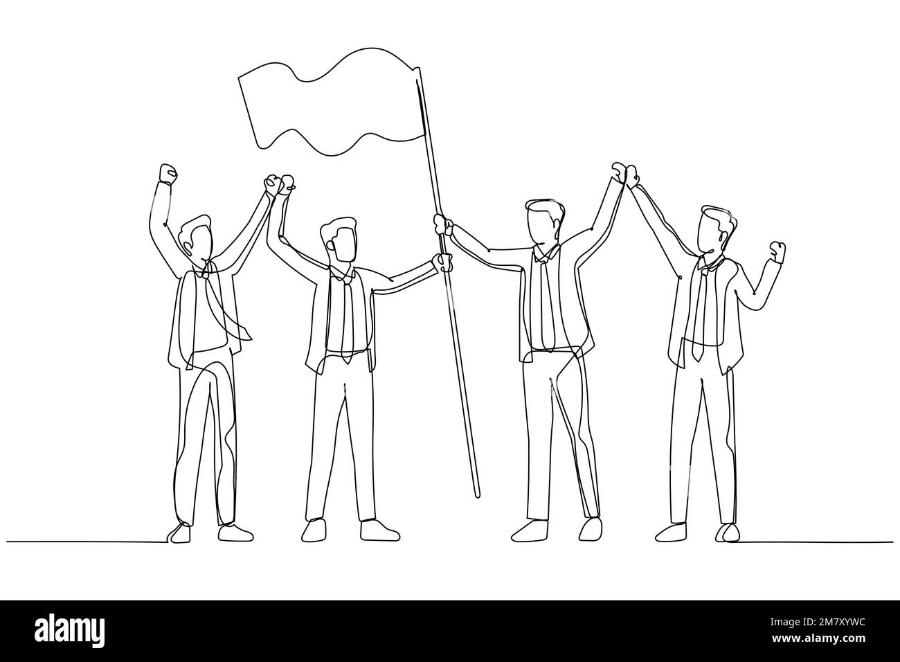 Dessin d'un homme d'affaires qui lève le drapeau et atteint le sommet et le succès. Design unique de style art continu Illustration de Vecteur