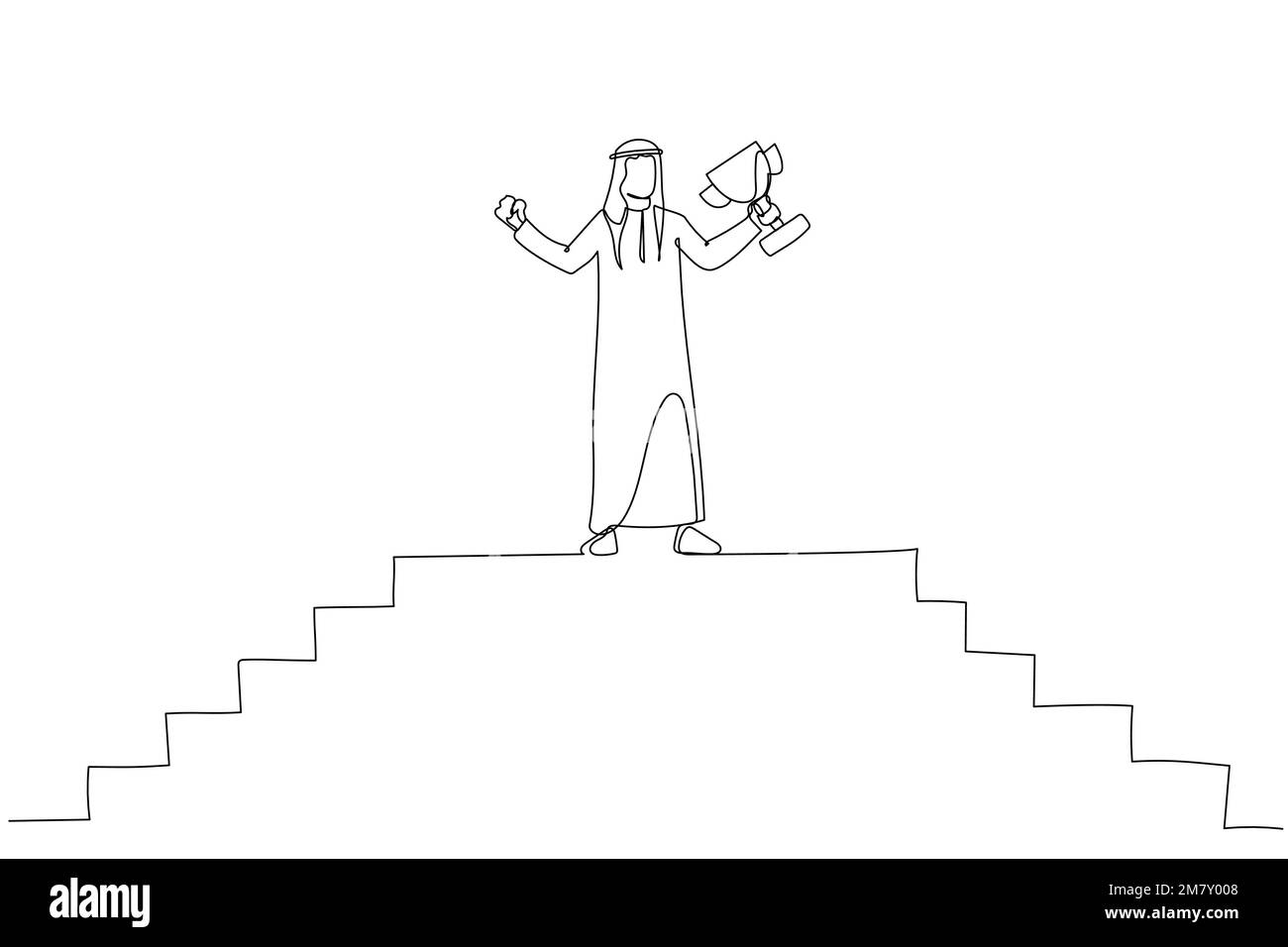 Illustration de l'homme d'affaires arabe qui monte au sommet du haut escalier du spectacle de la ville main vers le haut en tenant le trophée. Design unique de style art continu Illustration de Vecteur