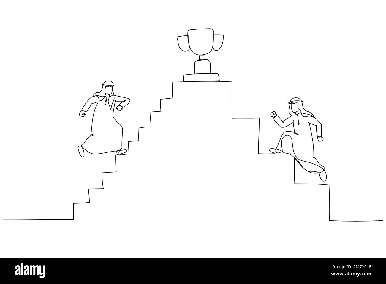 Illustration de l'homme d'affaires arabe monter les escaliers vers le trophée au sommet. Design unique de style art continu Illustration de Vecteur