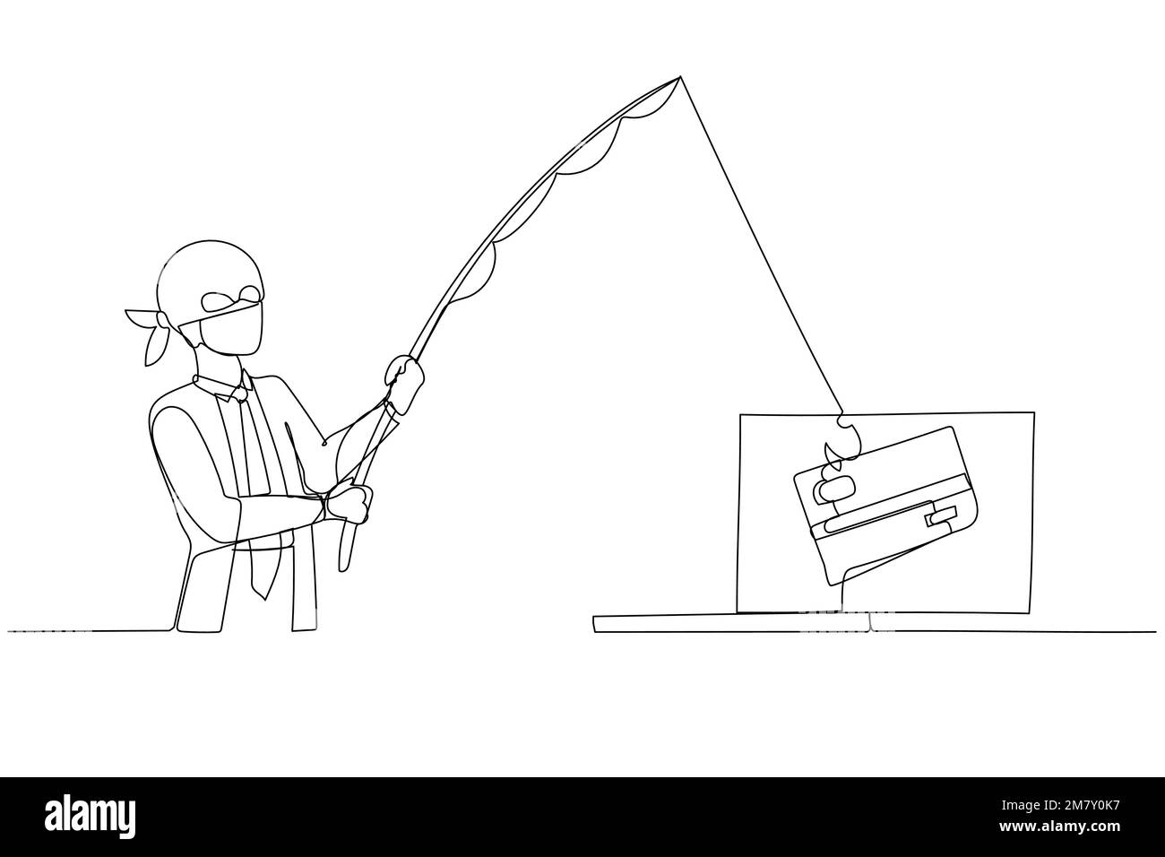 Caricature de l'homme d'affaires comme cyber voleur pirate essayer d'obtenir le concept de carte de crédit de phishing. Design de style art à une ligne Illustration de Vecteur