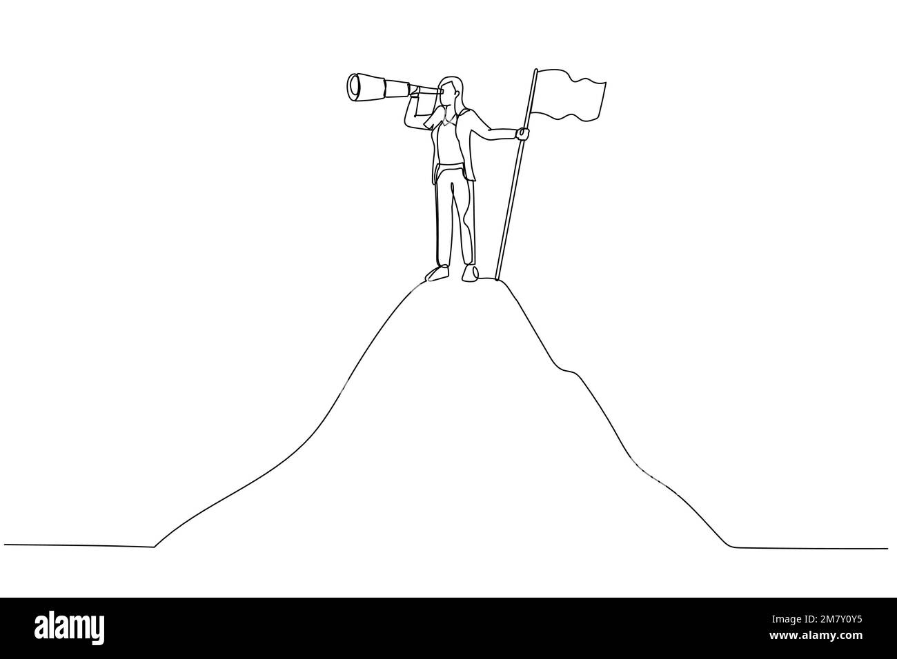 Caricature du succès femme d'affaires tient le stand de spyglass à côté du drapeau sur le concept de montagne d'opportunité. Design de style art continu Illustration de Vecteur