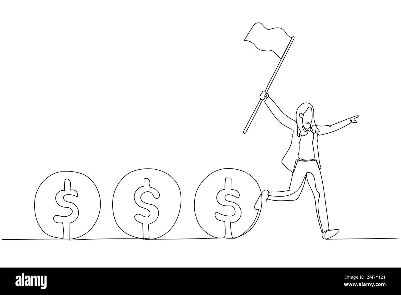 Dessin d'une femme d'affaires leader tenant drapeau contrôle flux de l'argent concept de flux de trésorerie. Design de style art simple Illustration de Vecteur