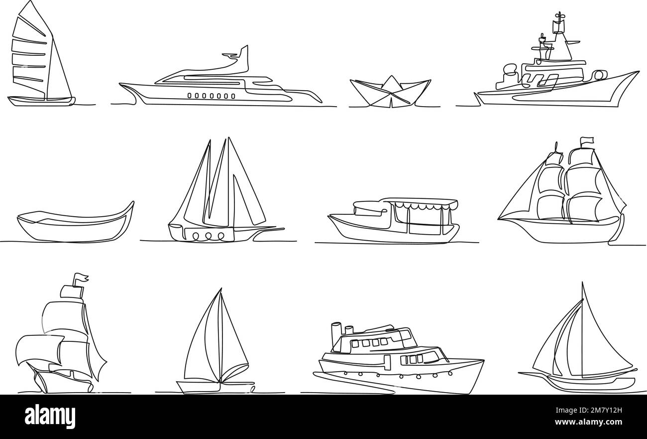 Une ligne continue de bateaux. Voilier, navire de guerre militaire, bateau à papier, bateau de mer et yacht de luxe isolé contour illustration ensemble Illustration de Vecteur