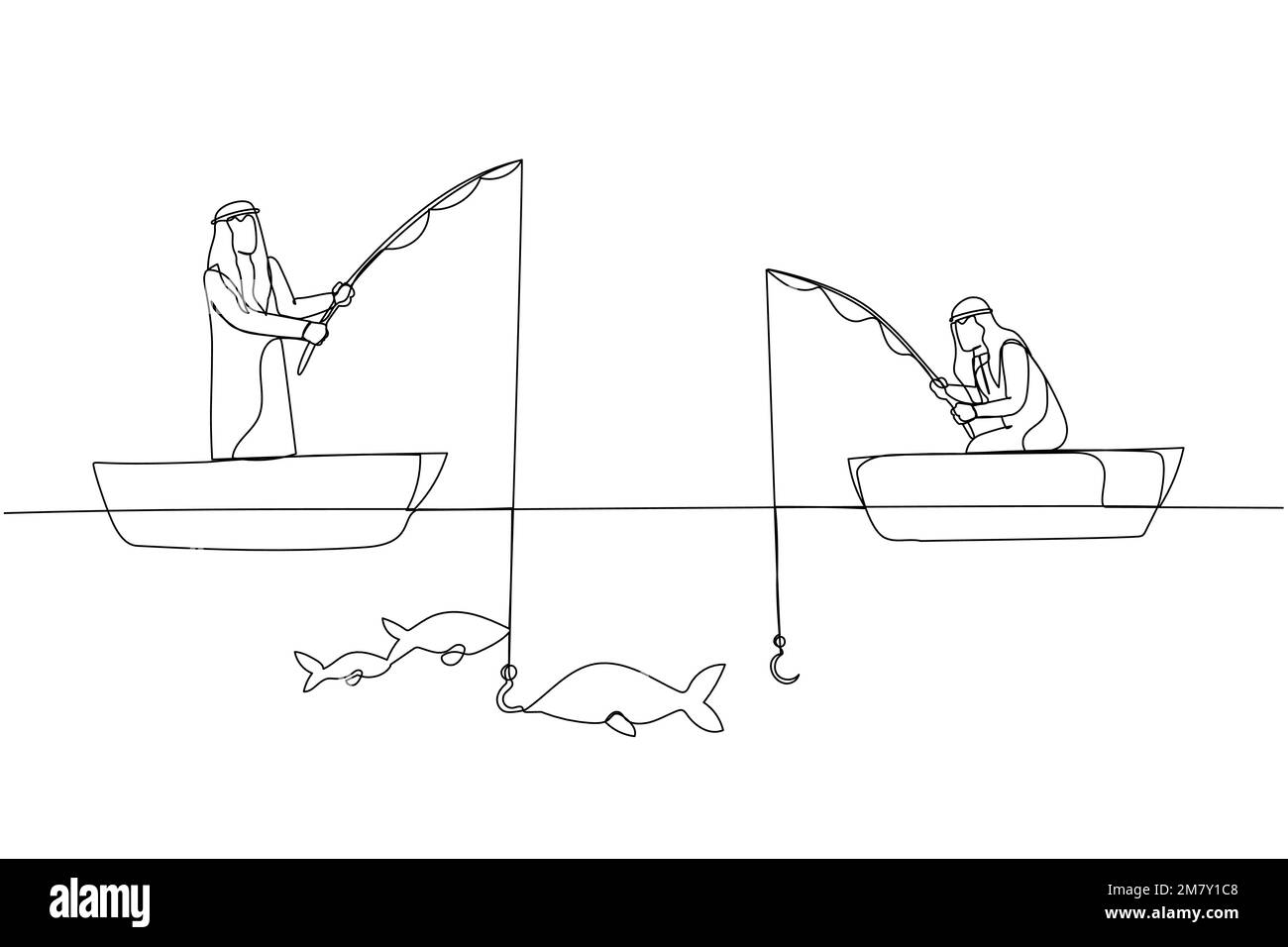 Dessin de deux hommes d'affaires arabes de pêche à but lucratif essayer de bonne production. Un design artistique de style ligne Illustration de Vecteur