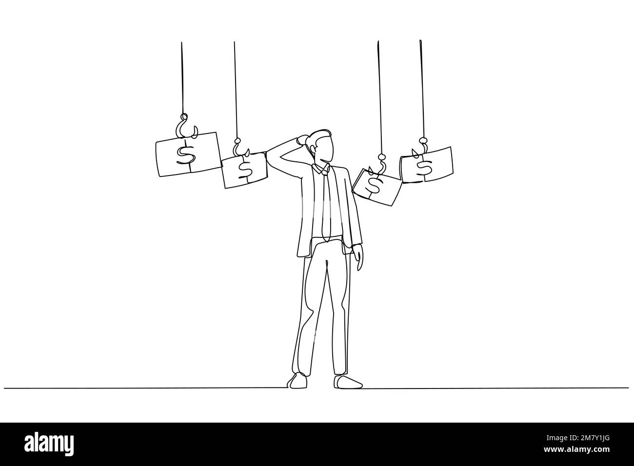 Le dessin de l'homme d'affaires a choisi crochet de pêche avec l'argent concept de l'occasion. Design unique de style art continu Illustration de Vecteur