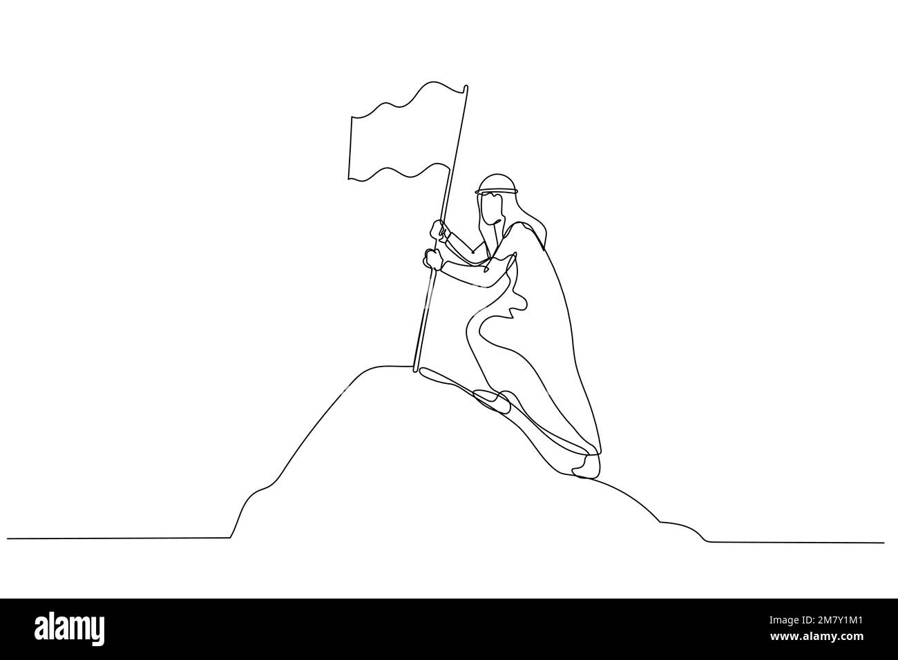 Dessin d'homme d'affaires arabe avec drapeau sur le concept de pic de montagne pour la réussite. Design unique de style art continu Illustration de Vecteur