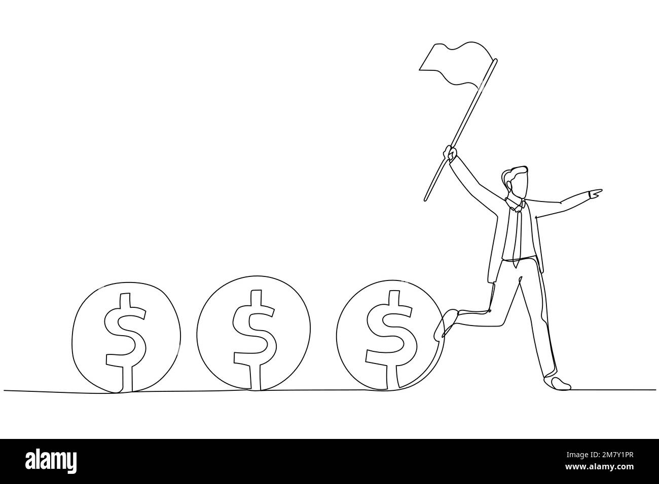 Caricature de l'homme d'affaires dirigeant holding drapeau contrôle flux de l'argent concept de flux de trésorerie. Design de style art à une ligne Illustration de Vecteur