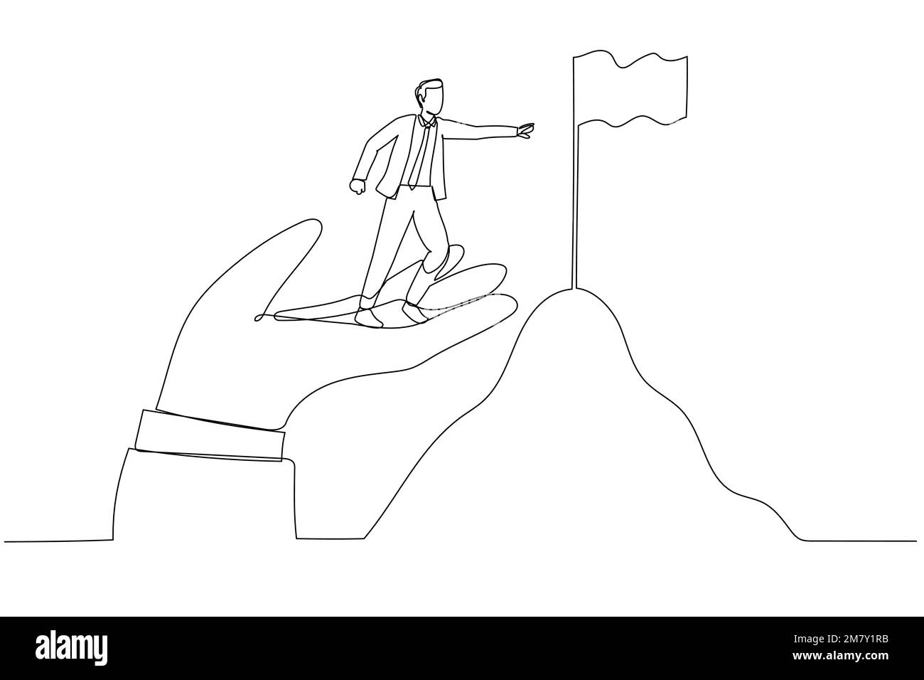 Illustration d'un homme d'affaires debout sur une main-forte géante pour atteindre le sommet du drapeau cible de la montagne. Design de style art simple Illustration de Vecteur