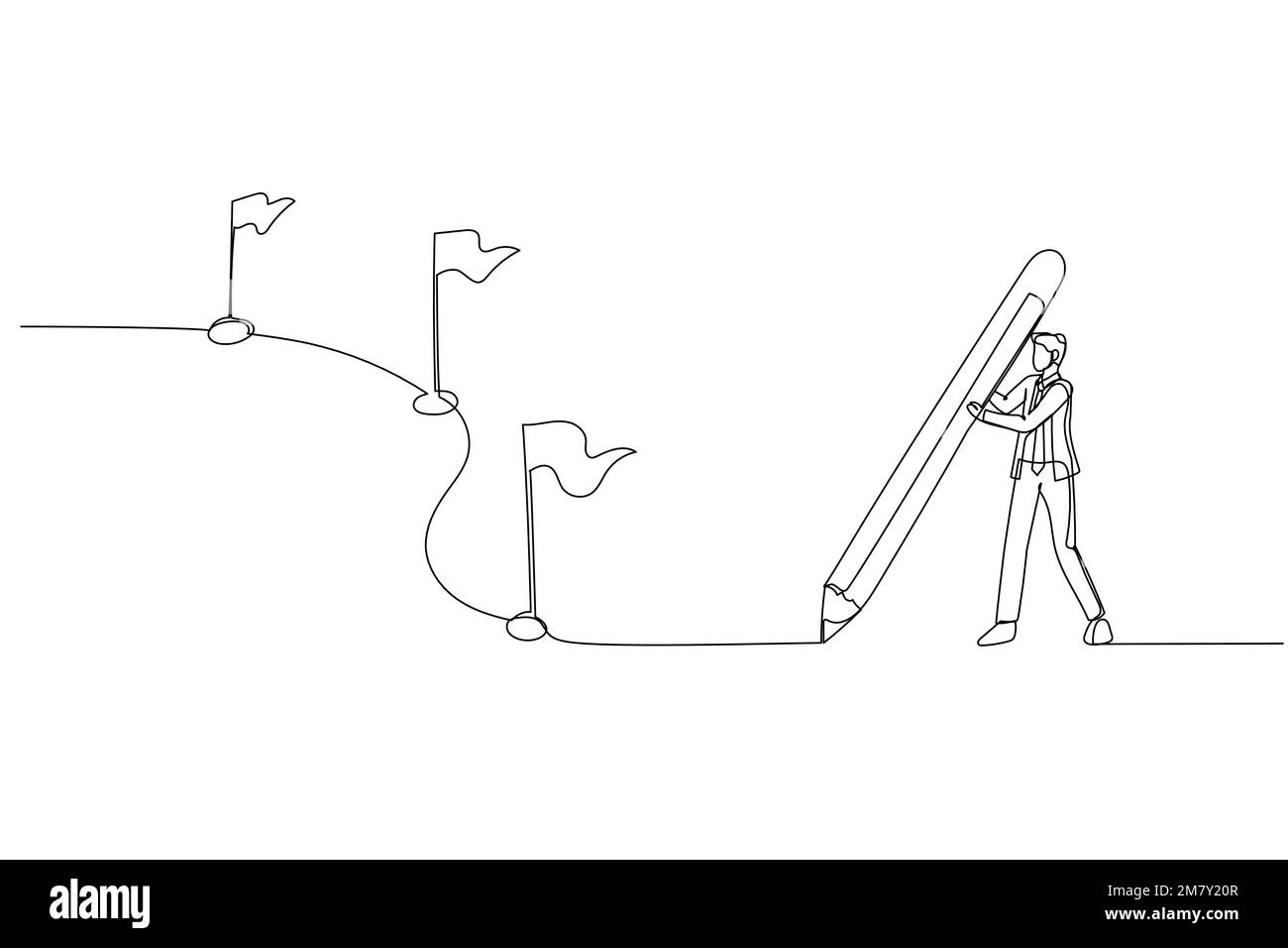 Dessin d'homme d'affaires à l'aide d'un crayon dessiner une ligne avec un drapeau comme jalons. Design de style art continu Illustration de Vecteur