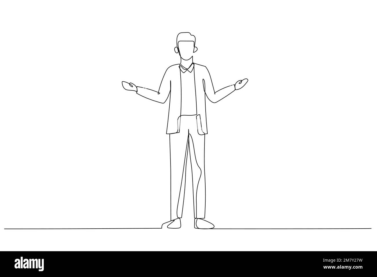 Dessin d'un homme d'affaires montrant un panneau de bienvenue isolé sur fond blanc. Dessin au trait continu Illustration de Vecteur
