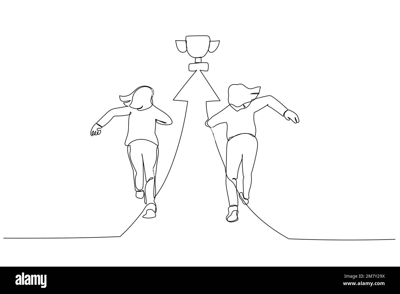Illustration d'une femme d'affaires motivée en train de courir sur une flèche montrant la direction du trophée vers la réussite. Design unique de style art continu Illustration de Vecteur