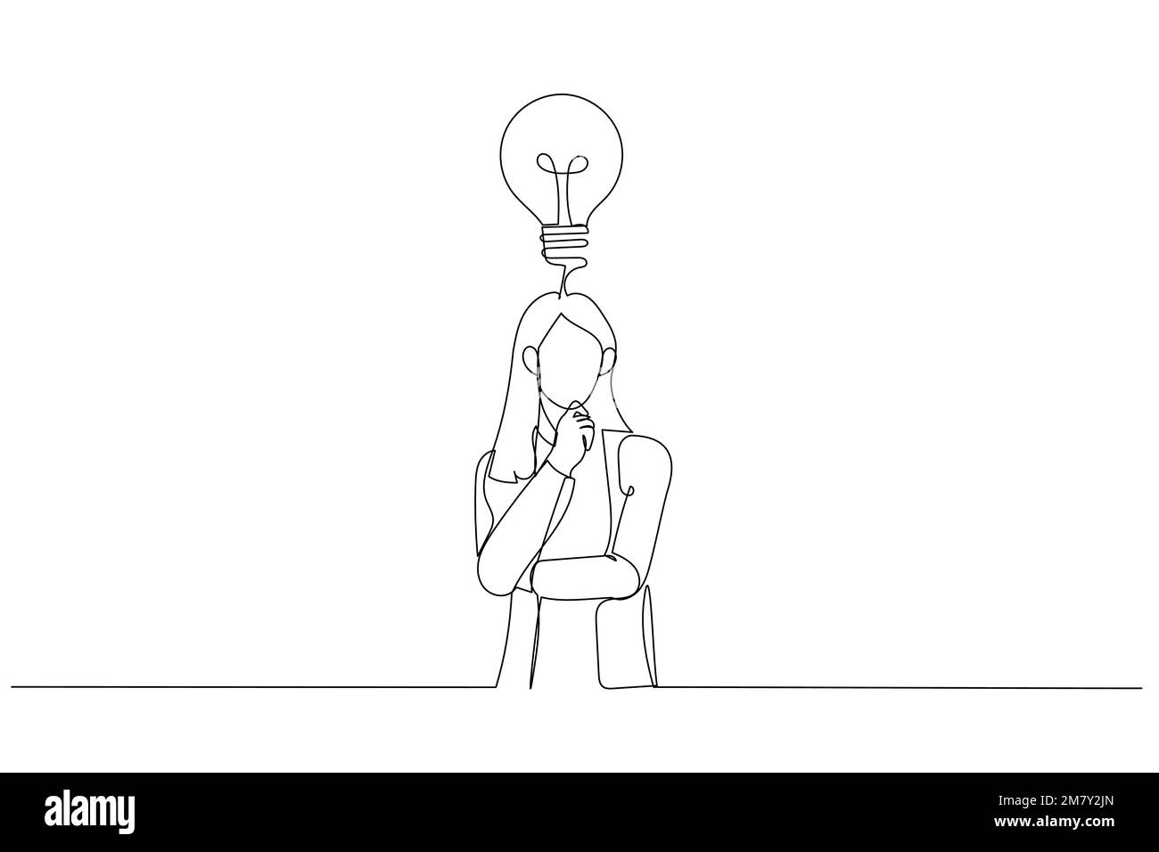 Dessin de la taille vers le haut portrait femme d'affaires faisant plan tenir la main sur le menton et regardant vers le haut réfléchi. Design de style art simple Illustration de Vecteur