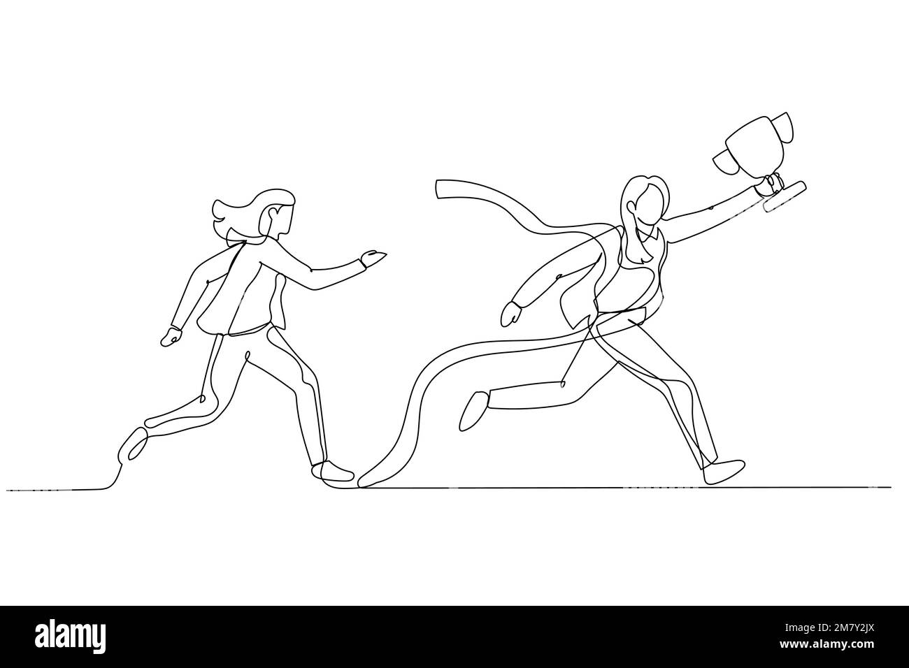 Dessin d'une femme d'affaires se mettre à la ligne d'arrivée gagnant concurrence féroce. Design en ligne continue Illustration de Vecteur