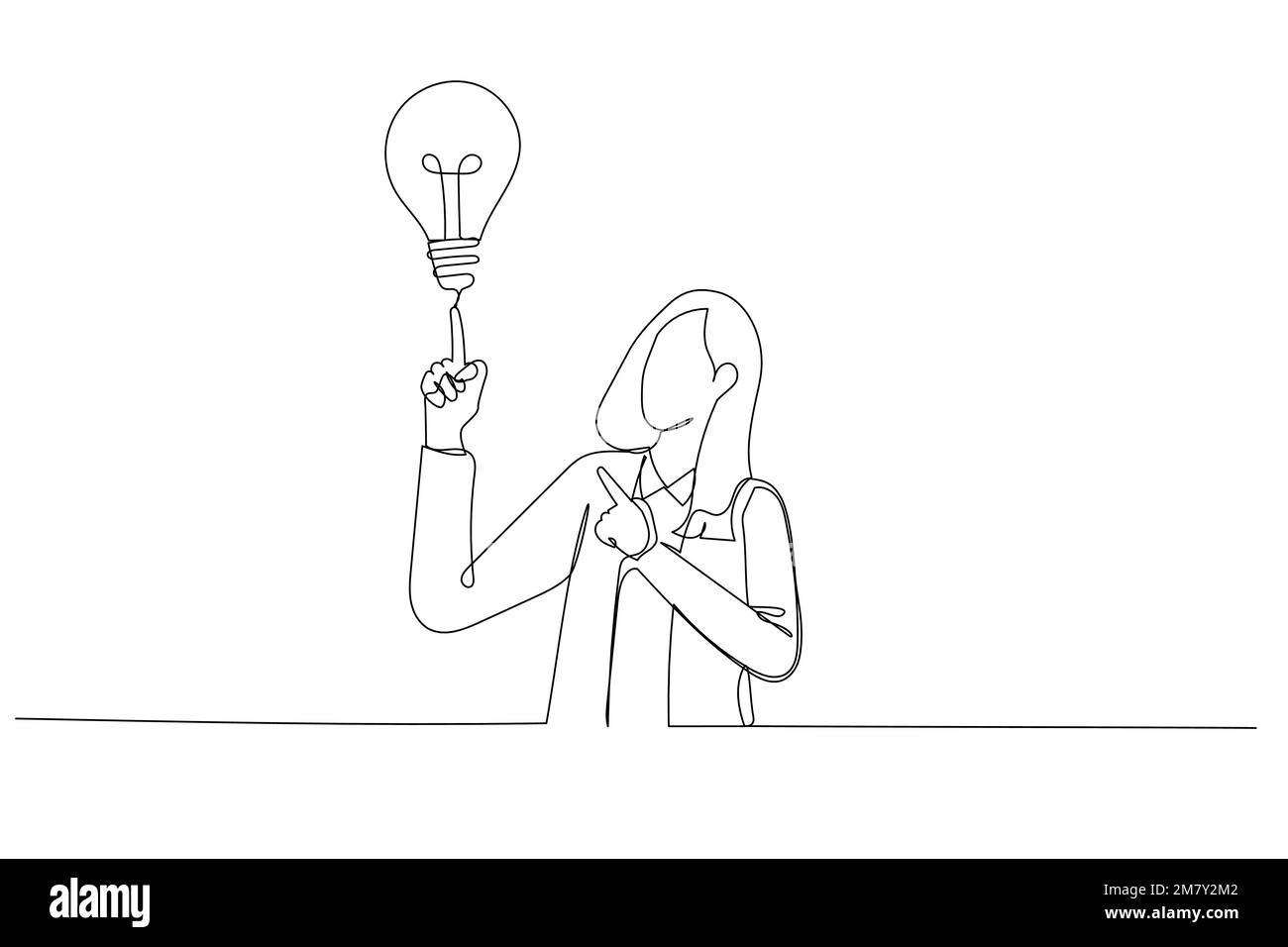 Dessin animé de la jeune femme d'affaires pointant avec l'index une grande idée. Design unique de style art continu Illustration de Vecteur