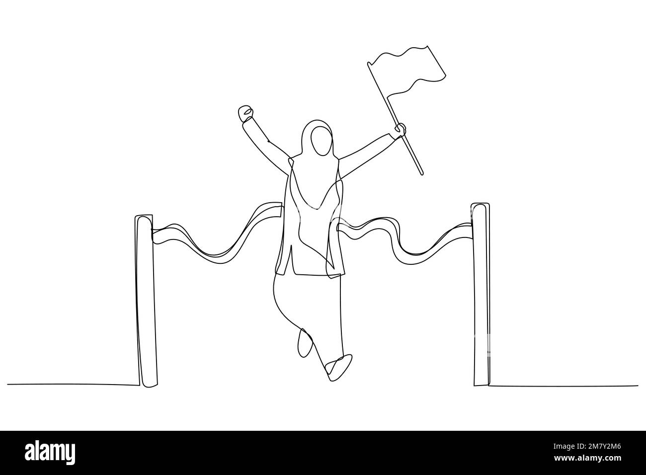 Dessin animé d'une femme d'affaires musulmane tenant le drapeau numéro en première place dans la ligne d'arrivée. Design de style art simple Illustration de Vecteur