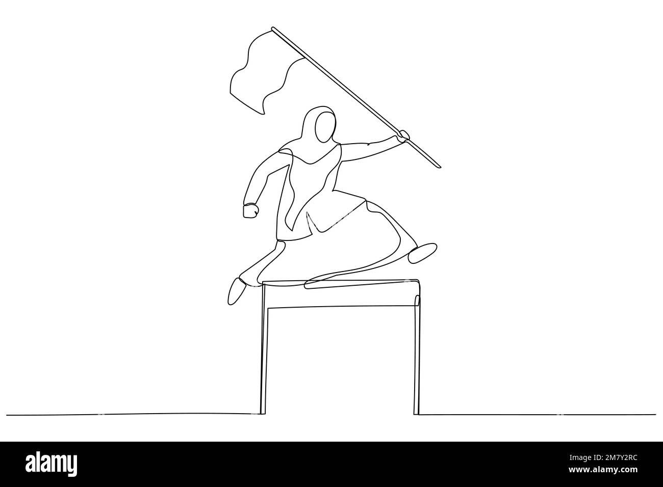 Illustration d'une femme d'affaires musulmane en compétition dans la course tenant un drapeau de leader sautant sur l'obstacle concept de détermination. Dési. Art. Ligne continue Illustration de Vecteur