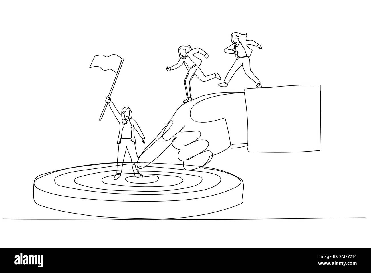 Caricature de la grande main aidant femme d'affaires à atteindre la cible d'affaires métaphore de la coopération. Design unique de style art continu Illustration de Vecteur