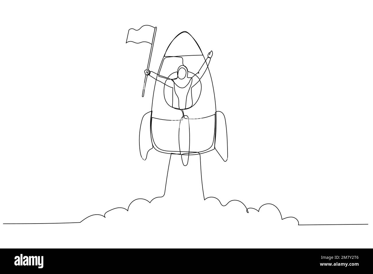 Dessin animé d'une femme d'affaires musulmane avec drapeau sur un navire à roquette lancé. Design de style art simple Illustration de Vecteur