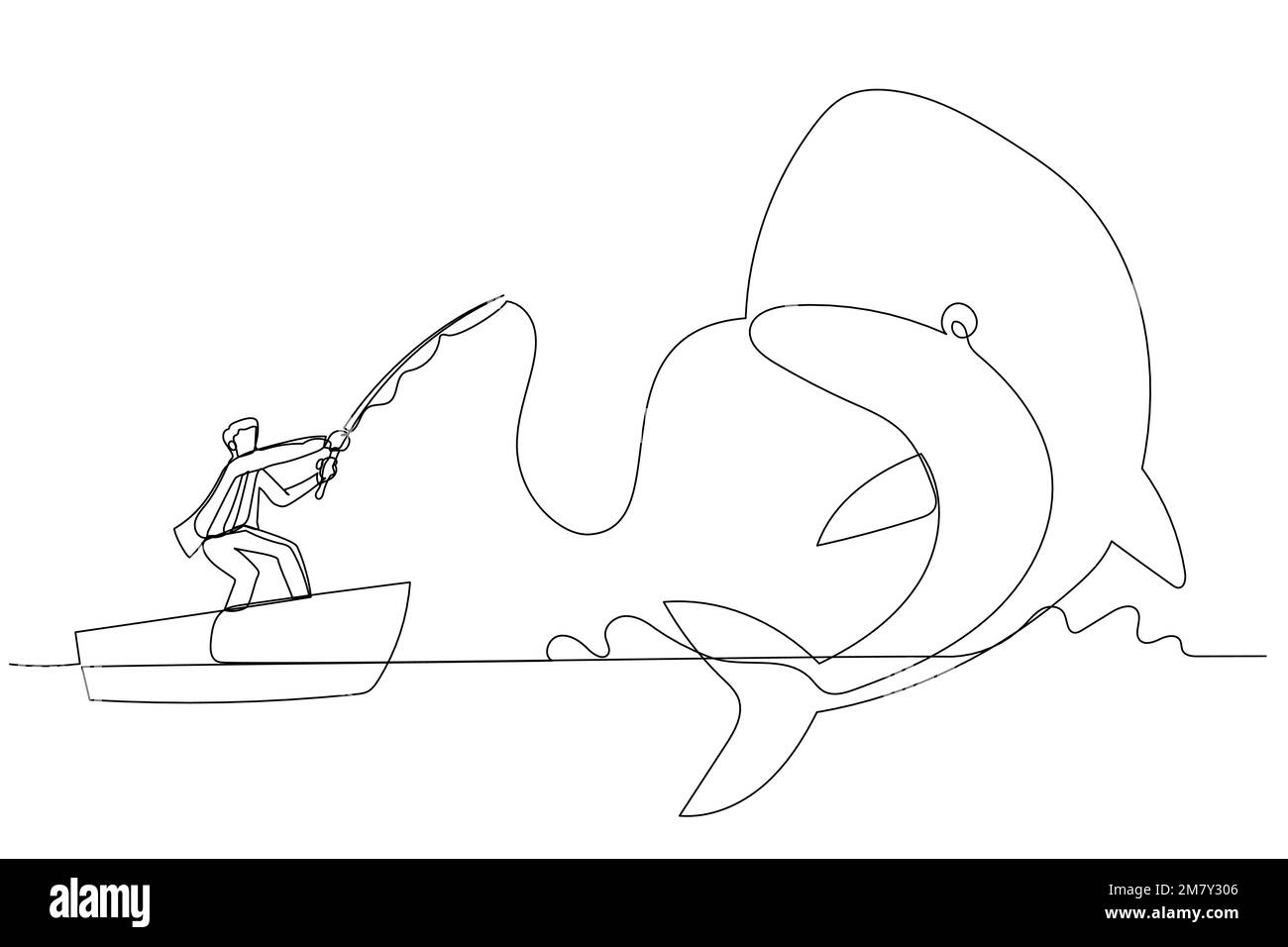Dessin de l'homme d'affaires obtenir le grand poisson de baleine concept de la capture de gros profit. Design unique de style art continu Illustration de Vecteur