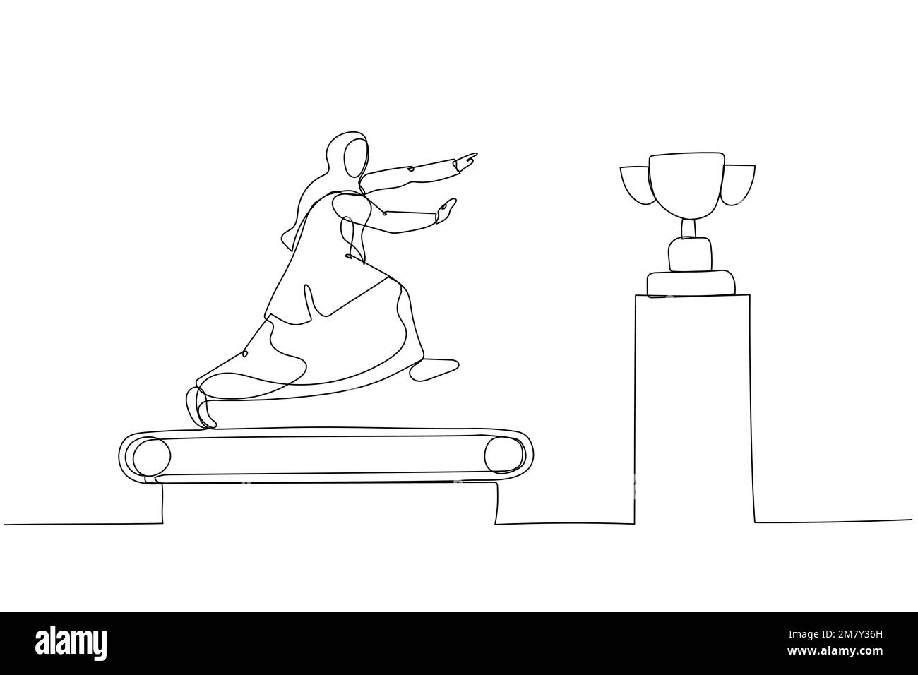 Illustration de la femme d'affaires musulmane en train de courir sur le tapis roulant essayer d'obtenir le concept de trophée de la course de rat. Design unique de style art continu Illustration de Vecteur Illustration de la femme d'affaires musulmane en train de courir sur le tapis roulant essayer d'obtenir le concept de trophée de la course de rat. Design unique de style art continu Illustration de Vecteur