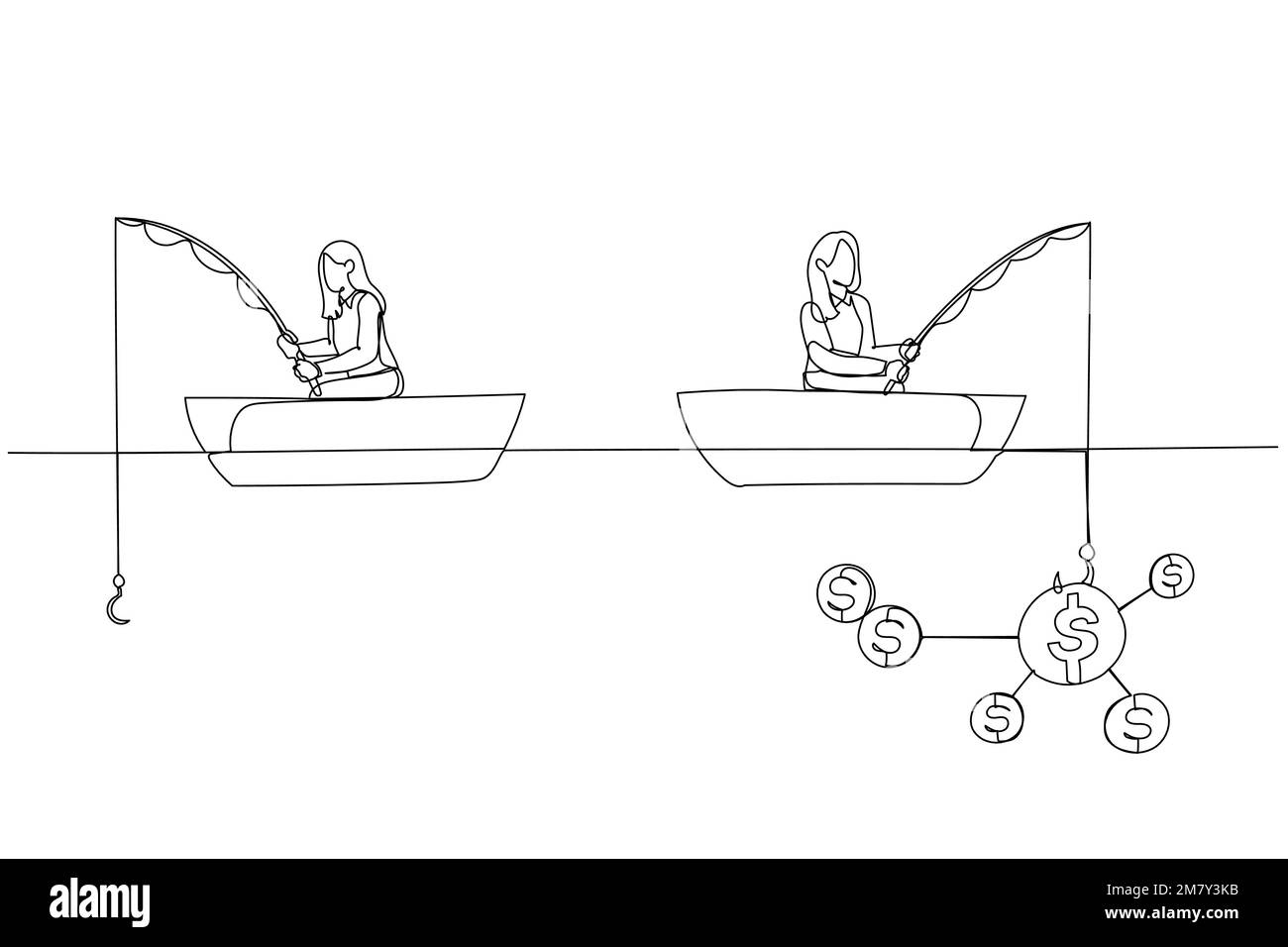 Illustration d'une femme d'affaires qui pêche un dollar assis dans un bateau. Design unique de style art continu Illustration de Vecteur