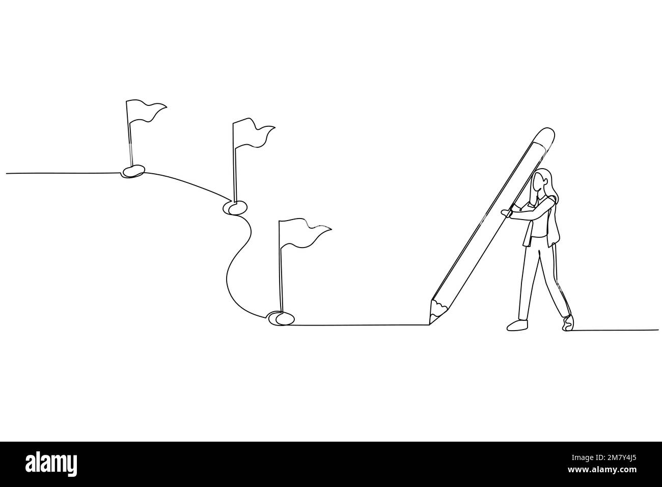 Dessin d'une femme d'affaires à l'aide d'un crayon dessiner une ligne avec un drapeau comme jalons. Design de style art continu Illustration de Vecteur