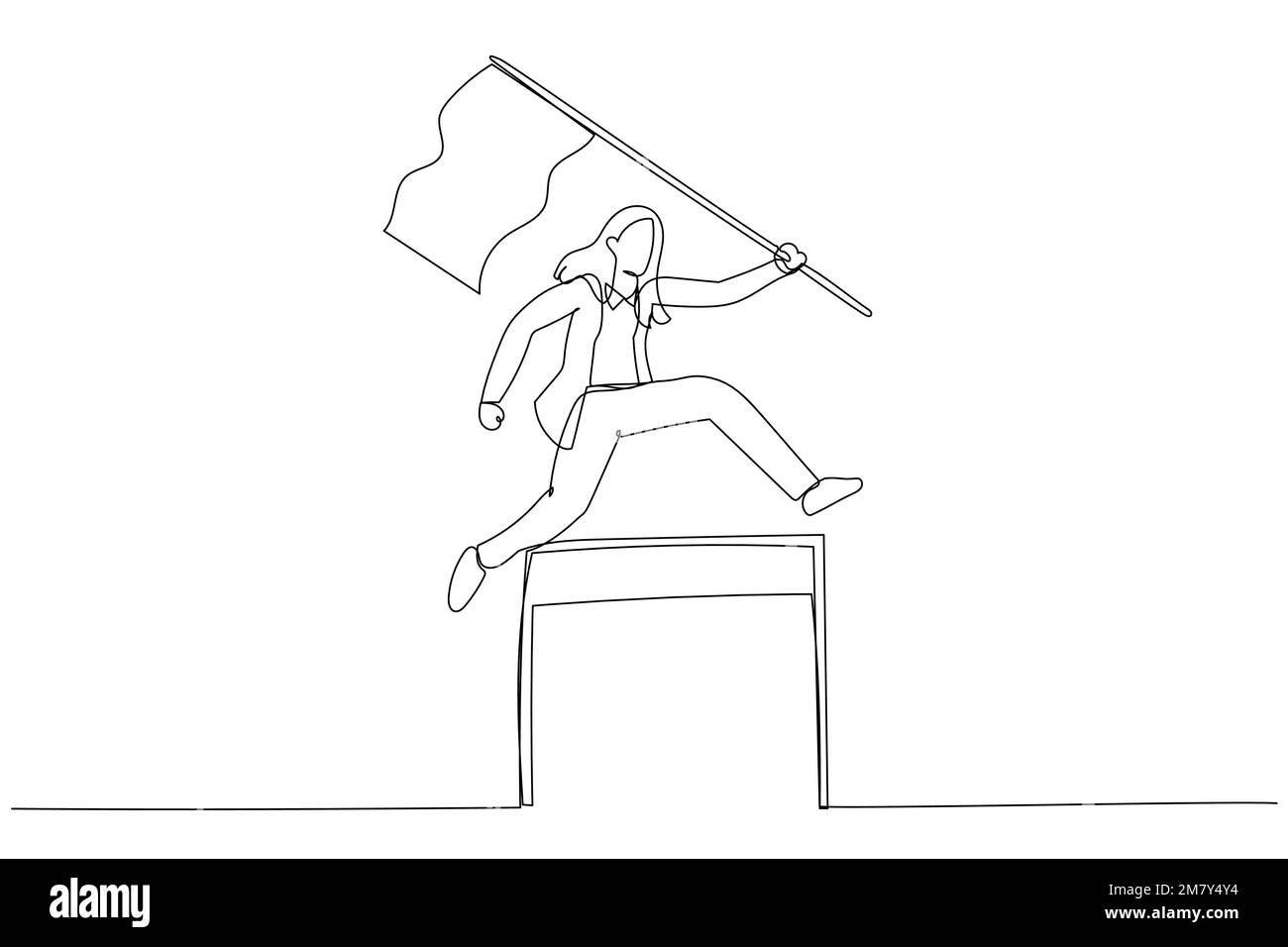 Dessin animé d'une femme d'affaires en compétition dans la course tenant un drapeau de leader sautant sur l'obstacle concept de détermination. Une seule ligne continue style art Desi Illustration de Vecteur